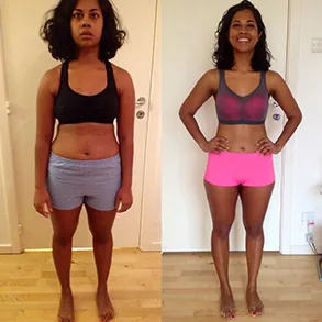 A member's before and after photos in the same doorway, leaner and smiling in the after photo