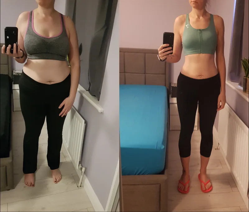 A member's before and after photos taken in the same bedroom mirror, noticeably leaner in the after photo