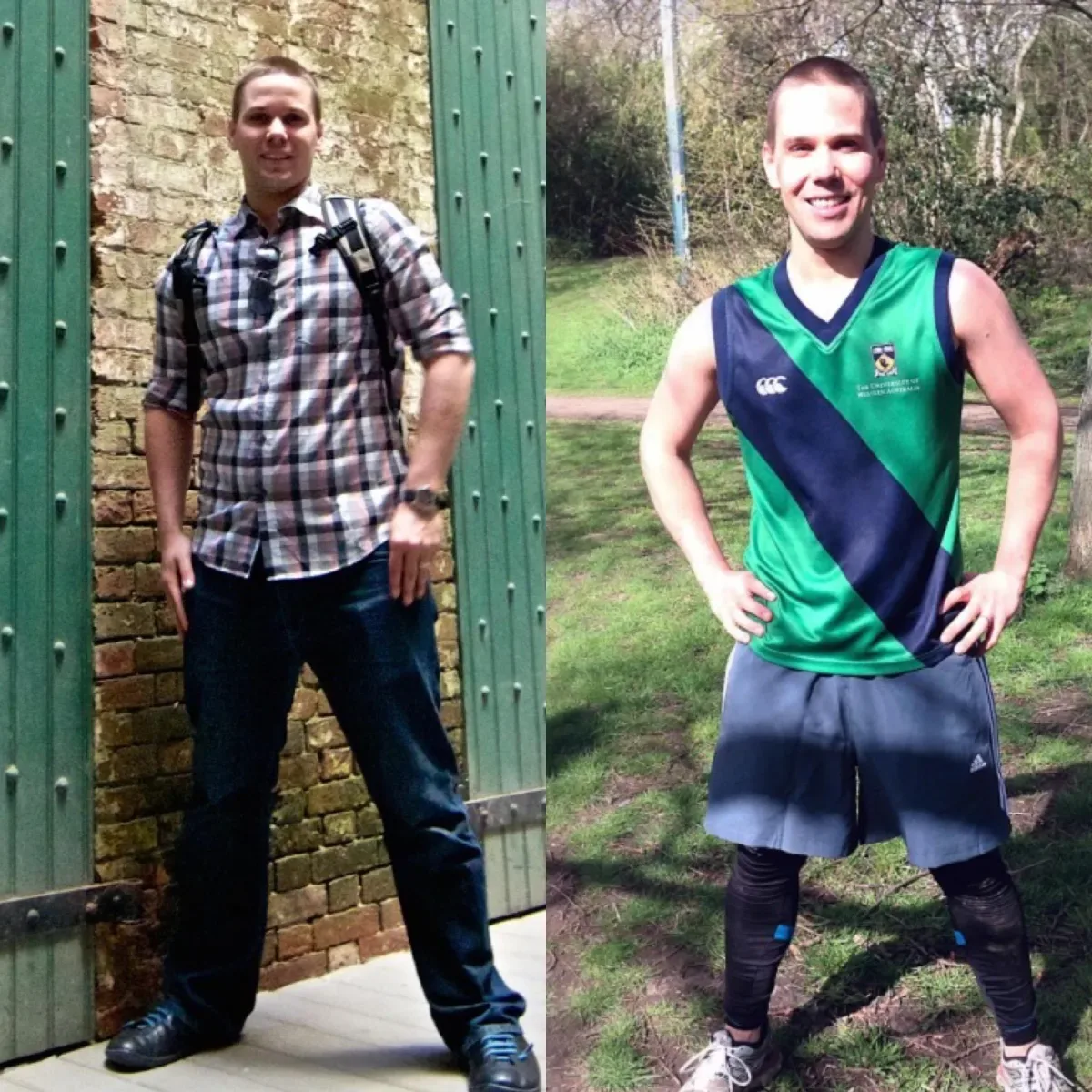 A member before, in a check shirt and jeans, and after, in rugby kit in a park