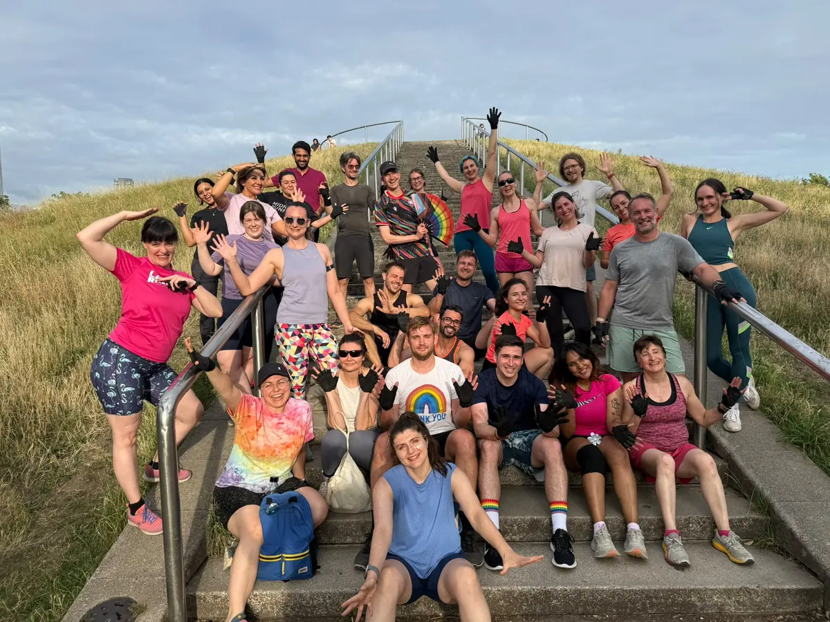Bootcamp SE16 members gathered on the steps at Stave Hill for the Pride session