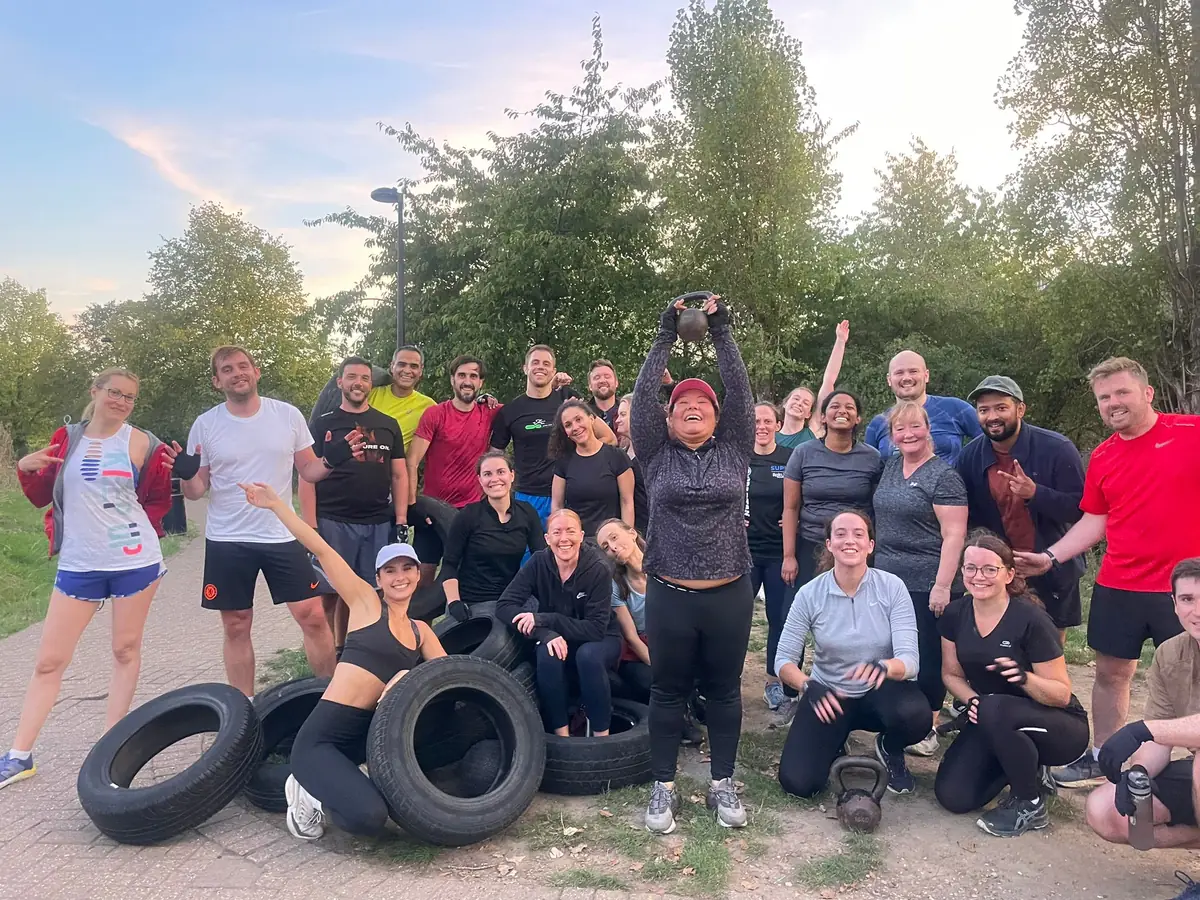 The Bootcamp SE16 group with tyres and kettlebells after a September challenge session