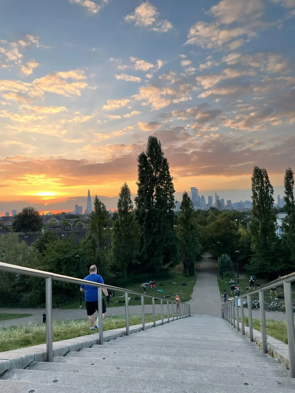 The sun setting over the trees and London skyline from the steps at Stave Hill